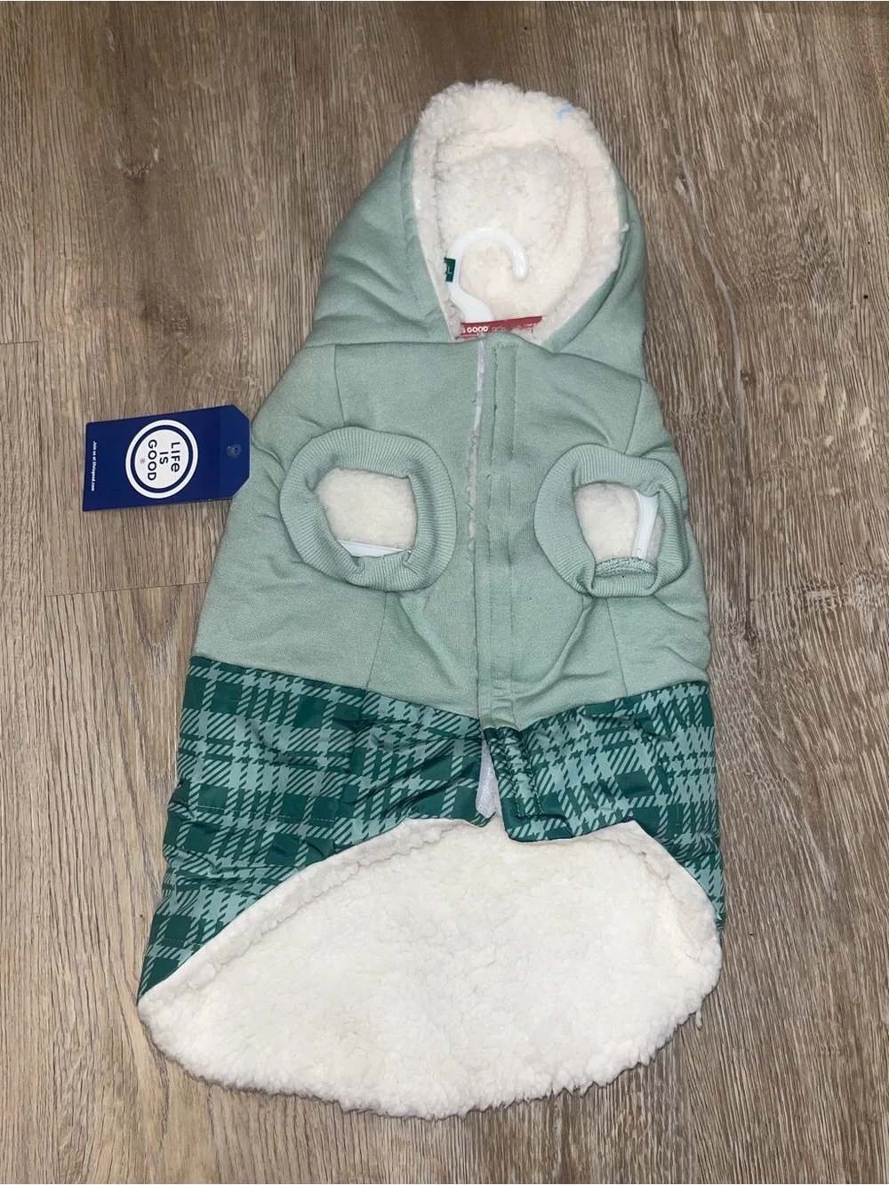 Life Is Good Sage Green Hooded Plaid Dog Jacket